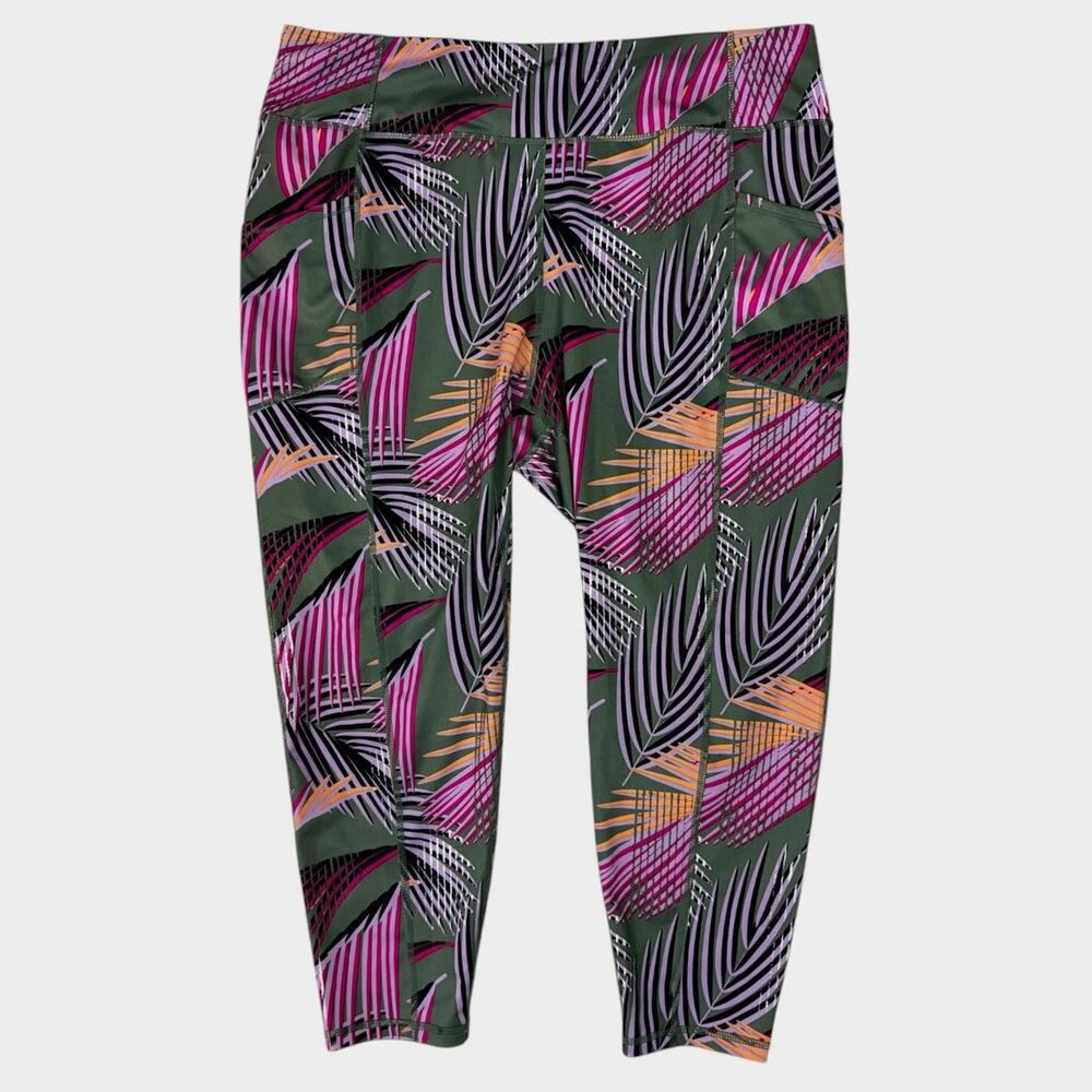 Pro Player 2X Crop Leggings Womens Green Purple Black Tropical Pattern